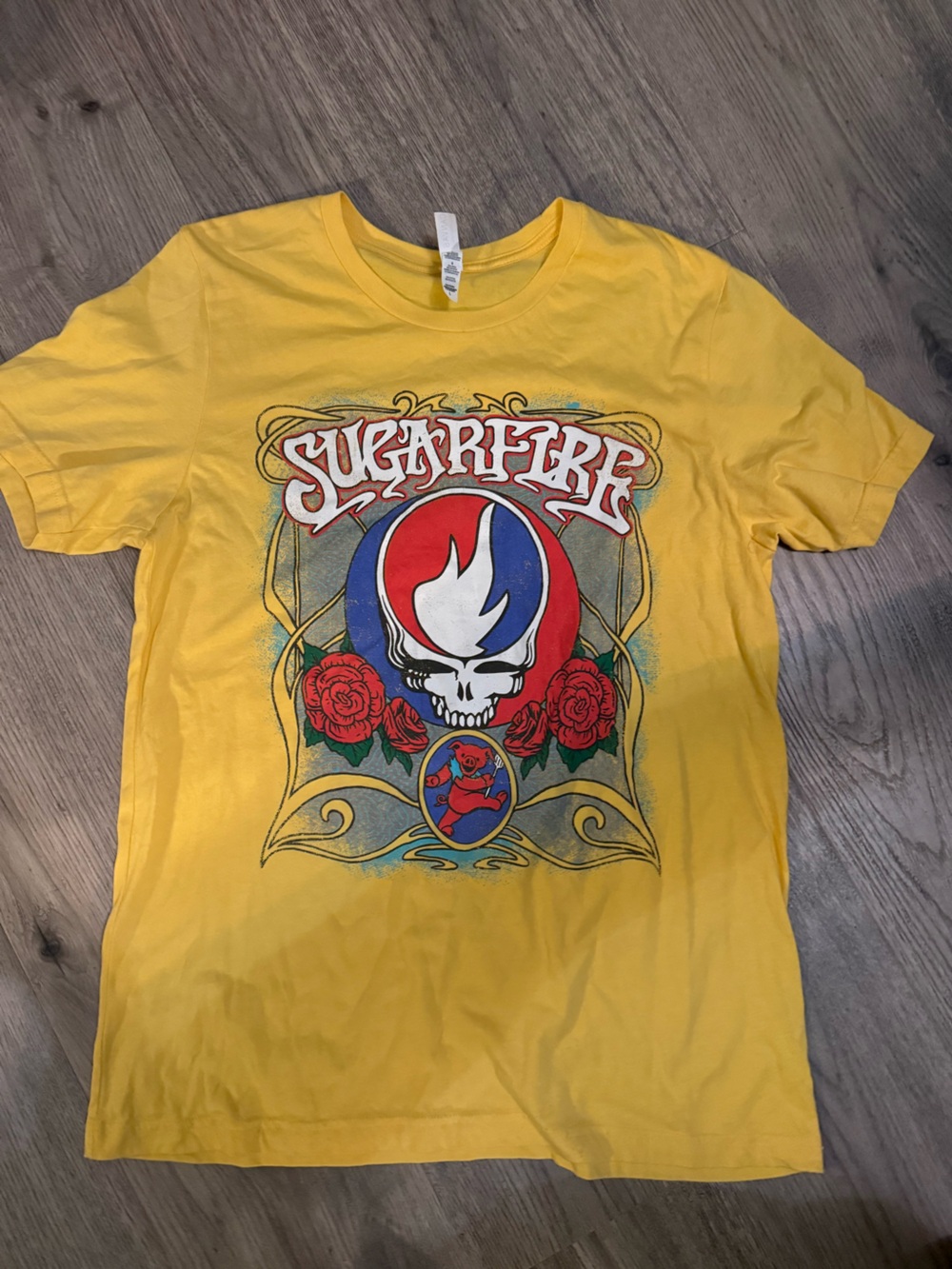 Bella Canvas Yellow Tee with Red & Blue Skull and Rose Graphic